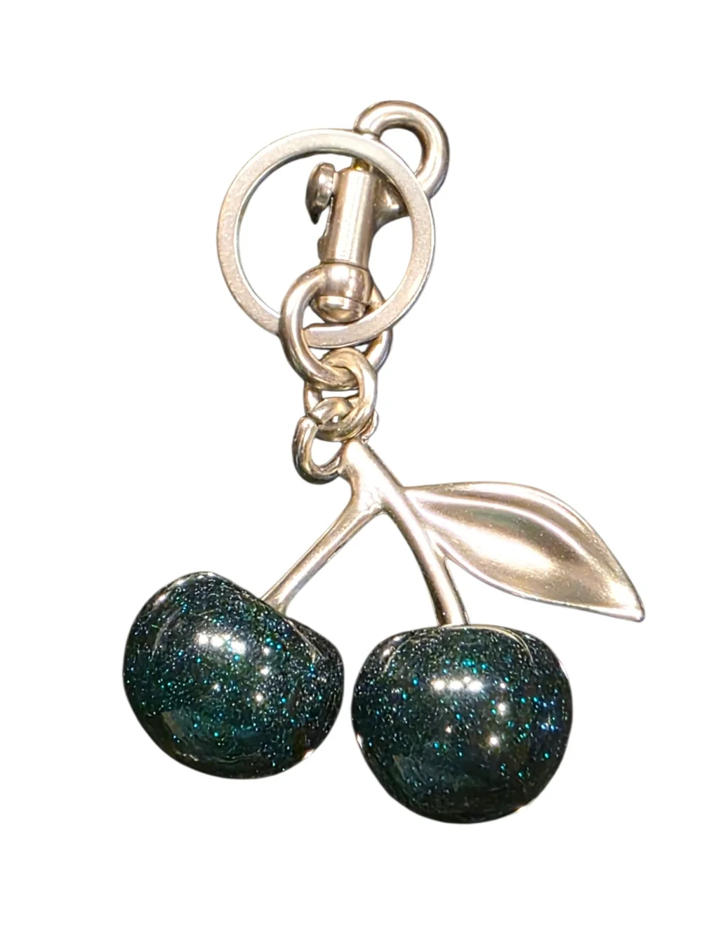 Hunter Green Glitter Cherry Purse Charm Keyring with Matte Silver Hardware